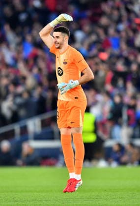 FC Barcelona, Barca v Newcastle United, UEFA Champions League, Football, Camp Nou, Barcelona, SP - 18 Mar 2026 Joan Garcia of Barcelona leaps as Raphinha of Barcelona scores his teams first goal making the score 1-0. Barcelona Camp Nou Barcelona SP, UK NEWSPAPERS OUT Copyright: xMarkxEnfieldx