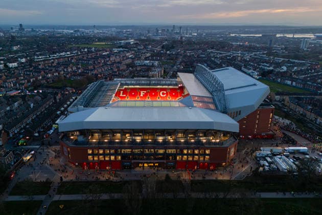 Football - UEFA Champions League - Round of 16 (2nd Leg) - Liverpool v Galatasaray 18th March 2026 - UEFA Champions League - Round of 16 (2nd Leg) - Liverpool v Galatasaray - A general aerial view (GV) of Anfield - Photo: Simon Stacpoole Offside. Liverpool UK Copyright: xSimonxStacpoolexOffside