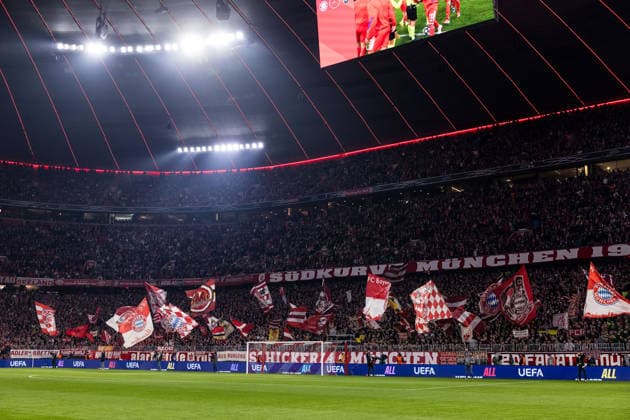 MUNICH GERMANY - MARCH 18: The Suedkurve of FC Bayern Muenchen with fans waving flags during the UEFA Champions League match between FC Bayern Muenchen vs. Atalanta Bergamo at Allianz Arena at Round of 16 match of the UEFA Champions League on March 18, 2026 in Munich, Germany. Bavaria Germany Copyright: xSteffiexWunderlx