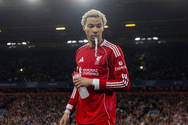 Football - UEFA Champions League - Round of 16 - 2nd Leg - Liverpool FC v Galatasaray A.Åž. LIVERPOOL, ENGLAND - Wednesday, March 18, 2026: Liverpool s Hugo Ekitike spits before the UEFA Champions League Round of 16 2nd Leg match between Liverpool FC and Galatasaray A.Åž. at Anfield. (Photo by David Rawcliffe Propaganda) LIVERPOOL Anfield MERSEYSIDE ENGLAND  Copyright: xDavidxRawcliffex P2026-03-18-Liverpool_Galatasaray-33
