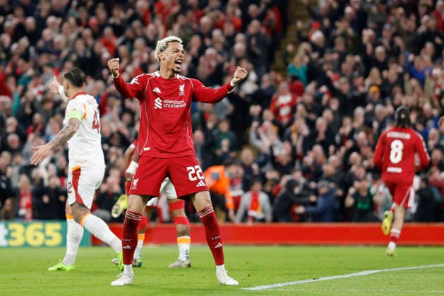 Liverpool, England, 18th March 2026. Hugo Ekitike of Liverpool celebrates after Dominik Szoboszlai of Liverpool scores to make it 1-0 during the Liverpool vs Galatasaray UEFA Champions League round of 16 match at Anfield, Liverpool. Picture credit should read: Cody Froggatt Sportimage EDITORIAL USE ONLY. No use with unauthorised audio, video, data, fixture lists, club league logos or live services. Online in-match use limited to 120 images, no video emulation. No use in betting, games or single club league player publications. SPI_036_CF_Liverpool_Galatasaray SPI-4618-0036
