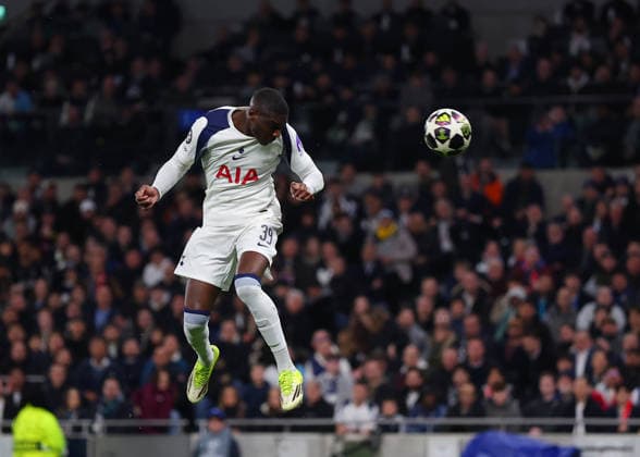 18th March 2026; Tottenham Hotspur Stadium, London, England; UEFA Champions League Football, Tottenham Hotspur versus Atletico Madrid; Randal Kolo Muani of Tottenham Hotspur heads the ball to score his sides 1st goal in the 30th minute to make it 1-0  JPxFletcher