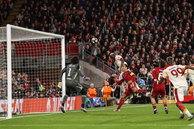 UEFA Champions League last 16 second leg match Liverpool v Galatasaray Victor Osimhen of Galatasaray heads on goal during the UEFA Champions League last 16 second leg match Liverpool vs Galatasaray at Anfield, Liverpool, United Kingdom on 18 March 2026 (Photo by Alfie Cosgrove News Images) Liverpool Anfield Merseyside United Kingdom Copyright: xAlfiexCosgrove NewsxImagesx