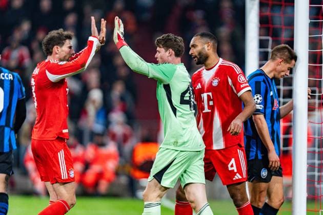 18.03.2026, FC Bayern München vs. Atalanta Bergamo, UEFA Champions League, Achtelfinale-Rückspiel Jonas Urbig (FC Bayern Muenchen, 40) Harry Kane (FC Bayern Muenchen, 9) Josip Stanisic (FC Bayern Muenchen, 44) Jonathan Tah (FC Bayern Muenchen, 4) Minjae Kim (FC Bayern Muenchen, 3) Leon Goretzka (FC Bayern Muenchen, 8) Regulations prohibit any use of photographs as image sequences and or quasi video Copyright: xBahhoxKarax