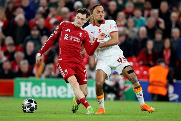 Liverpool FC v Galatasaray SK - UEFA Champions League 2025 26 Round of 16 Second Leg Florian Wirtz of Liverpool and Sacha Boey of Galatasaray A.S. challenge during the UEFA Champions League 2025 26 Round of 16 Second Leg match between Liverpool FC and Galatasaray SK at Anfield on March 18, 2026 in Liverpool, England. WARNING! This Photograph May Only Be Used For Newspaper And Or Magazine Editorial Purposes. May Not Be Used For Publications Involving 1 player, 1 Club Or 1 Competition Without Written Authorisation From Football DataCo Ltd. For Any Queries, Please Contact Football DataCo Ltd on +44 (0) 207 864 9121 Liverpool Anfield England United Kingdom Copyright: xAllstarxPicturexLibraryxLtdx