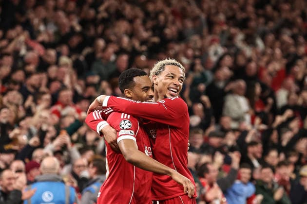 UEFA Champions League last 16 second leg match Liverpool v Galatasaray Ryan Gravenberch of Liverpool celebrates his goal to make it 3-0 (3-1 agg) during the UEFA Champions League last 16 second leg match Liverpool vs Galatasaray at Anfield, Liverpool, United Kingdom on 18 March 2026 (Photo by Alfie Cosgrove News Images Liverpool Anfield Merseyside United Kingdom Copyright: xAlfiexCosgrove NewsxImagesx