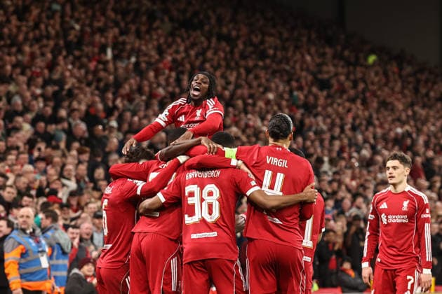 UEFA Champions League last 16 second leg match Liverpool v Galatasaray Ryan Gravenberch of Liverpool celebrates his goal to make it 3-0 (3-1 agg) during the UEFA Champions League last 16 second leg match Liverpool vs Galatasaray at Anfield, Liverpool, United Kingdom on 18 March 2026 (Photo by Alfie Cosgrove News Images Liverpool Anfield Merseyside United Kingdom Copyright: xAlfiexCosgrove NewsxImagesx