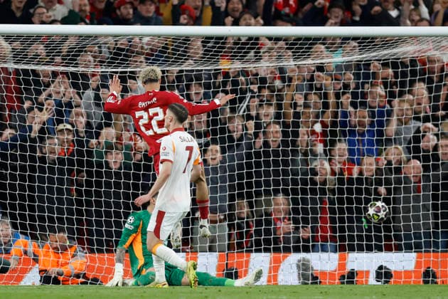 Liverpool, England, 18th March 2026. Hugo Ekitike of Liverpool scores to make it 2-1 during the Liverpool vs Galatasaray UEFA Champions League round of 16 match at Anfield, Liverpool. Picture credit should read: Cody Froggatt Sportimage EDITORIAL USE ONLY. No use with unauthorised audio, video, data, fixture lists, club league logos or live services. Online in-match use limited to 120 images, no video emulation. No use in betting, games or single club league player publications. SPI_050_CF_Liverpool_Galatasaray SPI-4618-0050