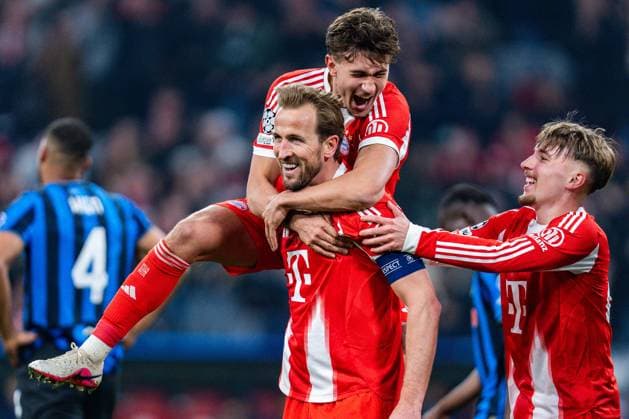 18.03.2026, FC Bayern München vs. Atalanta Bergamo, UEFA Champions League, Achtelfinale-Rückspiel Tor zum 2:0 durch Harry Kane (FC Bayern Muenchen, 9) Tom Bischof (FC Bayern Muenchen, 20) Jubel Lennart Karl (FC Bayern Muenchen, 42) Regulations prohibit any use of photographs as image sequences and or quasi video Copyright: xBahhoxKarax