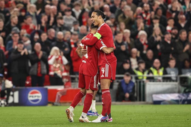 UEFA Champions League last 16 second leg match Liverpool v Galatasaray Mohamed Salah of Liverpool celebrates his goal to make it 4-0 with Virgil van Dijk of Liverpool and notches up his 50th Champions League goal during the UEFA Champions League last 16 second leg match Liverpool vs Galatasaray at Anfield, Liverpool, United Kingdom on 18 March 2026 (Photo by Alfie Cosgrove News Images) Liverpool Anfield Merseyside United Kingdom Copyright: xAlfiexCosgrove NewsxImagesx