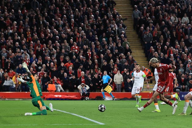 18th March 2026; Anfield, Liverpool, Merseyside, England; UEFA Champions League Football, Liverpool versus Galatasaray; Hugo Ekitike of Liverpool scores for 2-0  DavidxBlunsden