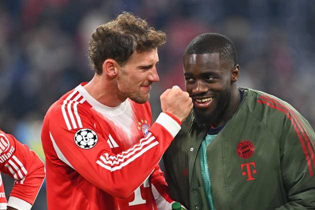 Schlussjubel Leon GORETZKA (Bayern Muenchen),Dayot UPAMECANO (Bayern Muenchen), ubel,Freude,Begeisterung,Aktion, Fussball Champions League,Saison 2025 26, Achtelfinale FC Bayern Muenchen - Atalanta Bergamo 4-1 am 18.03.2026 A L L I A N Z A R E N A.