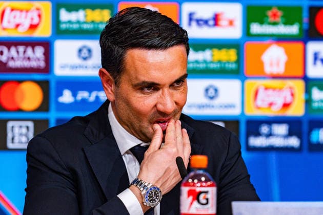 18.03.2026, FC Bayern München vs. Atalanta Bergamo, UEFA Champions League, Achtelfinale-Rückspiel Raffaele Palladino (Atalanta Bergamo, Trainer, Coach) auf der Pressekonferenz nach dem Spiel Regulations prohibit any use of photographs as image sequences and or quasi video Copyright: xBahhoxKarax