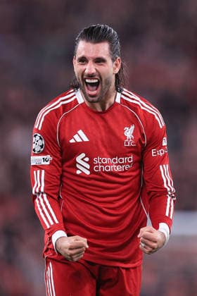 Football - UEFA Champions League - Round of 16 (2nd Leg) - Liverpool v Galatasaray 18th March 2026 - UEFA Champions League - Round of 16 (2nd Leg) - Liverpool v Galatasaray - Dominik Szoboszlai of Liverpool celebrates - Photo: Simon Stacpoole Offside. Liverpool UK Copyright: xSimonxStacpoolexOffside