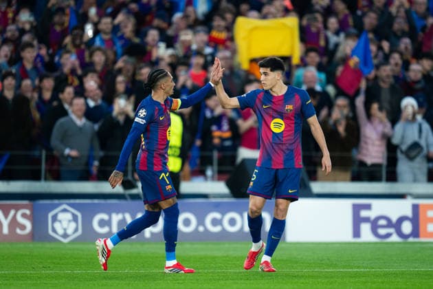 (260319) -- BARCELONA, March 19, 2026 -- Raphinha (L) of FC Barcelona, Barca celebrates his goal with teammate Pau Cubarsi during the UEFA Champions League Round of 16 second leg match between FC Barcelona and Newcastle United FC in Barcelona, Spain, March 18, 2026. (Photo by Xinhua) (SP)SPAIN-BARCELONA-FOOTBALL-UEFA CHAMPIONS LEAGUE-FC BARCELONA VS NEWCASTLE UNITED FC JoanxGosa 