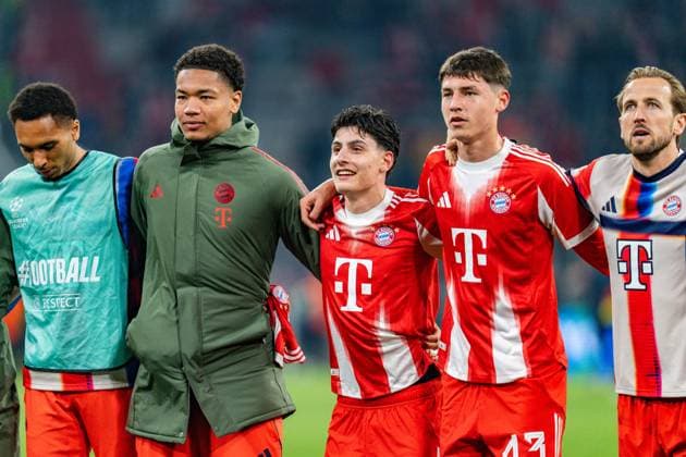18.03.2026, FC Bayern München vs. Atalanta Bergamo, UEFA Champions League, Achtelfinale-Rückspiel Leonard Prescott (FC Bayern München) Deniz Ofli ( FC Bayern München) Jonathan Asp Jensen (FC Bayern München, 43) Harry Kane (FC Bayern Muenchen, 9) Regulations prohibit any use of photographs as image sequences and or quasi video Copyright: xBahhoxKarax