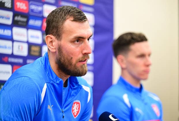 A first part of the Czech national football team has started its preparation for the World Cup play-offs in Prague, Czech Republic, on March 19, 2026. From left: Tomas Chory and Lukas Provod during a meeting with the media. (CTKxPhoto RomanxVondrous) CTKPhotoP2026031903130  CTKPhotoP2026031903130