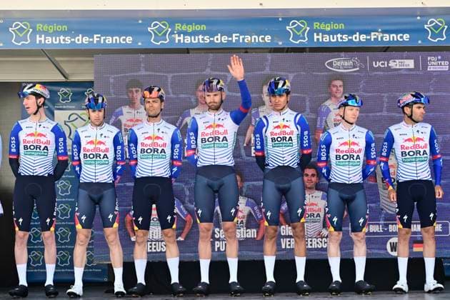Grand Prix de Denain - Porte du Hainaut 2026 Cycling Race DENAIN, FRANCE - MARCH 19 : Meeus Jordi (BEL) of Red Bull - BORA - Hansgrohe and teammates during the 67th edition of Grand Prix de Denain - Porte du Hainaut an UCI ProSeries 1.Pro one day cycling road race for Men Elite of km with start in Denain and finish in Denain on March 19, 2026 in Denain, France, 19 03 2026 ( Motordriver Pieter Vanherzeele - Denain France  Copyright: xJanxDexMeuleneirx