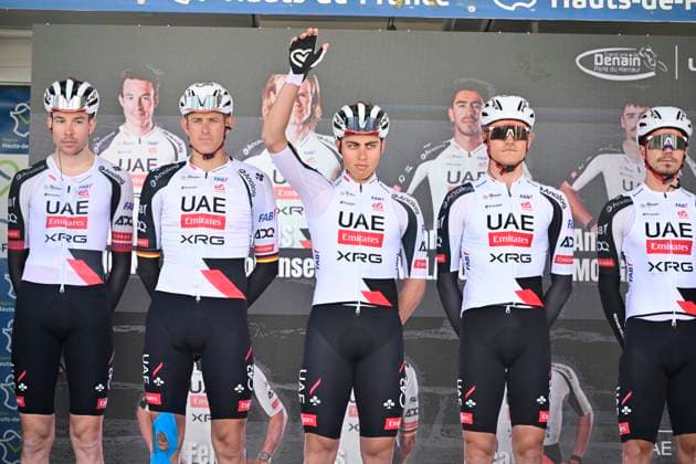 Grand Prix de Denain - Porte du Hainaut 2026 Cycling Race DENAIN, FRANCE - MARCH 19 : Giaimi Luca (ITA) of UAE Team Emirates - XRG and teammates during the 67th edition of Grand Prix de Denain - Porte du Hainaut an UCI ProSeries 1.Pro one day cycling road race for Men Elite of km with start in Denain and finish in Denain on March 19, 2026 in Denain, France, 19 03 2026 ( Motordriver Pieter Vanherzeele - Denain France  Copyright: xJanxDexMeuleneirx
