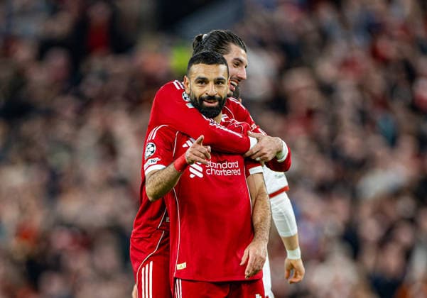 Football - UEFA Champions League - Round of 16 - 2nd Leg - Liverpool FC v Galatasaray A.Åž. LIVERPOOL, ENGLAND - Wednesday, March 18, 2026: Liverpool s goal-scorer Mohamed Salah celebrates with team-mate Dominik Szoboszlai (R) after scoring his side s fourth goal, his 50th in the Champions League, during the UEFA Champions League Round of 16 2nd Leg match between Liverpool FC and Galatasaray A.Åž. at Anfield. Liverpool won 4-0 (4-1 on aggregate). (Photo by David Rawcliffe Propaganda) LIVERPOOL Anfield MERSEYSIDE ENGLAND  Copyright: xDavidxRawcliffex 2026-03-18-189-Liverpool_Galatasaray