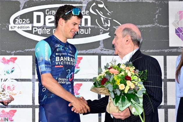 Grand Prix de Denain - Porte du Hainaut 2026 Cycling Race DENAIN, FRANCE - MARCH 19 : Segaert Alec (BEL) of Bahrain - Victorious pictured during the podium ceremony of the 67th edition of Grand Prix de Denain - Porte du Hainaut an UCI ProSeries 1.Pro one day cycling road race for Men Elite of km with start in Denain and finish in Denain on March 19, 2026 in Denain, France, 19 03 2026 ( Motordriver Pieter Vanherzeele - Denain France  Copyright: xJanxDexMeuleneirx