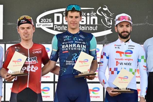 Grand Prix de Denain - Porte du Hainaut 2026 Cycling Race DENAIN, FRANCE - MARCH 19 : Menten Milan (BEL) of Lotto - Intermarche, Segaert Alec (BEL) of Bahrain - Victorious and Turgis Anthony (FRA) of TotalEnergies pictured during the podium ceremony of the 67th edition of Grand Prix de Denain - Porte du Hainaut an UCI ProSeries 1.Pro one day cycling road race for Men Elite of km with start in Denain and finish in Denain on March 19, 2026 in Denain, France, 19 03 2026 ( Motordriver Pieter Vanherzeele - Denain France  Copyright: xJanxDexMeuleneirx