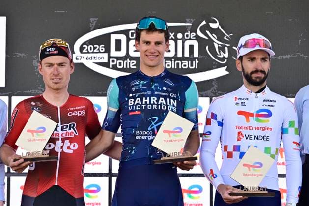 Grand Prix de Denain - Porte du Hainaut 2026 Cycling Race DENAIN, FRANCE - MARCH 19 : Menten Milan (BEL) of Lotto - Intermarche, Segaert Alec (BEL) of Bahrain - Victorious and Turgis Anthony (FRA) of TotalEnergies pictured during the podium ceremony of the 67th edition of Grand Prix de Denain - Porte du Hainaut an UCI ProSeries 1.Pro one day cycling road race for Men Elite of km with start in Denain and finish in Denain on March 19, 2026 in Denain, France, 19 03 2026 ( Motordriver Pieter Vanherzeele - Denain France  Copyright: xJanxDexMeuleneirx
