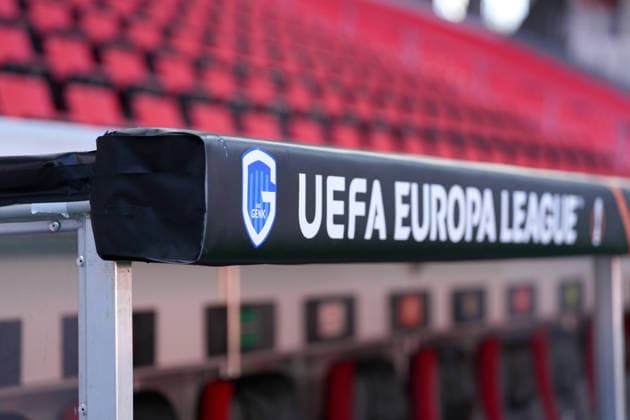 Wappen, Logo, Trainerbank, Auswechselbank, Bank, Europa League Schriftzug , Deutschland, Fussball, UEFA Europa League, Achtelfinale, Rückspiel, 2025 2026, SC Freiburg vs. KRC Genk, 19.03.2026, Europa-Park Stadion, Freiburg, Deutschland Freiburg Europa-Park Stadion Baden-Württemberg Deutschland Copyright: xArnexAmbergx