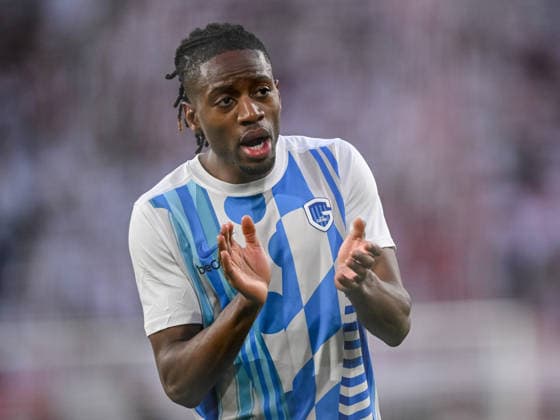 Joris Kayembe (KRC Genk) gestures during the UEFA Europa League 2025 26 Round of 16 Second Leg match between SC Freiburg and KRC Genk at Stadion am Wolfswinkel on March 19, 2026 in Freiburg im Breisgau, Germany. (Photo by Harry Langer DeFodi Images) -