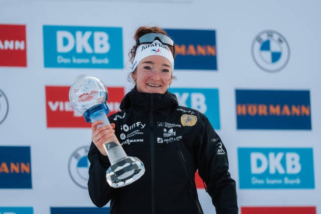 19.03.26, BMW IBU World Cup Biathlon Oslo, 7.5km Sprint Women, 2025 2026 season Lou Jeanmonnot (FRA) celebration with the trophy for the Sprint World Cup during the award ceremony Olso Holmenkollen National Ski Arena Oslo Norway