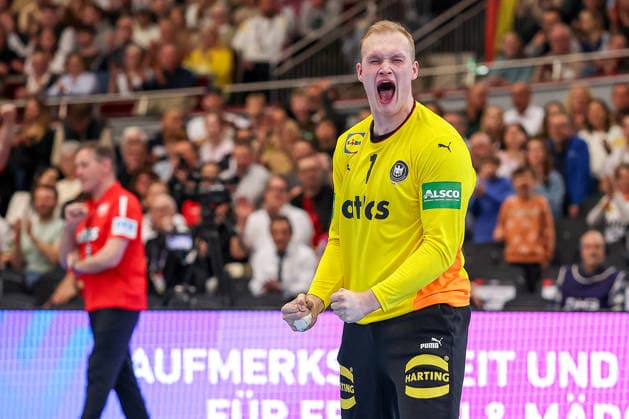 19.03.2026, Handball, Länderspiel Herren, Deutschland - Ägypten, Westfalenhalle Dortmund: David Späth (Germany 01) jubelnd Nordrhein-Westfalen Deutschland