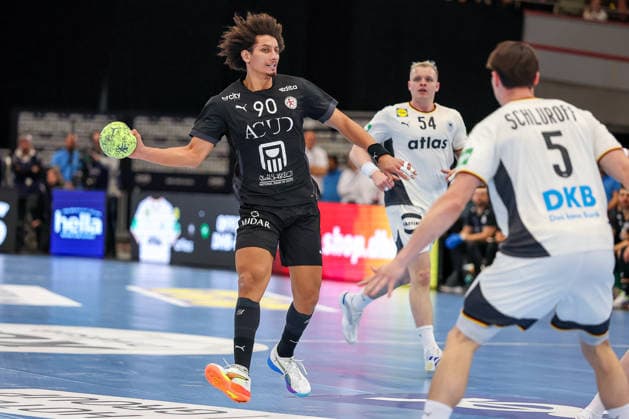 19.03.2026, Handball, Länderspiel Herren, Deutschland - Ägypten, Westfalenhalle Dortmund: Ali Zein (Egypt 90) in Aktion neben Justus Fischer (Germany 54) Miro Schluroff (Germany 05) Nordrhein-Westfalen Deutschland