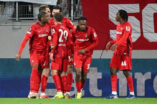 Freiburg s Matthias Ginter celebrates after scoring during a soccer game between German Club Freiburg and Belgian KRC Genk in Freiburg im Breisgau, Germany on Thursday 19 March 2026, the return leg of the 1 16 Finals of the UEFA Europa League tournament. Genk won the first leg 1-0. JILLxDELSAUX  x168211542x