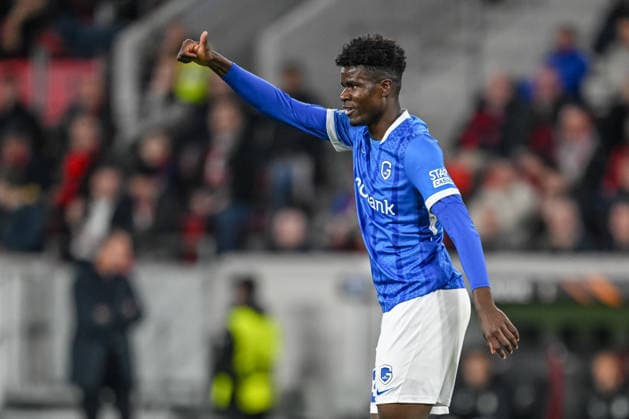 Aaron Bibout (KRC Genk) gestures during the UEFA Europa League 2025 26 Round of 16 Second Leg match between SC Freiburg and KRC Genk at Stadion am Wolfswinkel on March 19, 2026 in Freiburg im Breisgau, Germany. (Photo by Harry Langer DeFodi Images) -