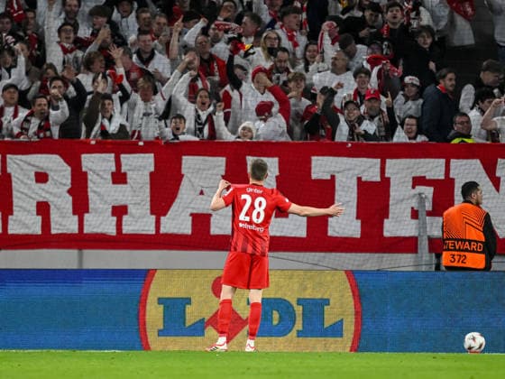 Matthias Ginter (SC Freiburg) celebrates after scoring his team s first goal during the UEFA Europa League 2025 26 Round of 16 Second Leg match between SC Freiburg and KRC Genk at Stadion am Wolfswinkel on March 19, 2026 in Freiburg im Breisgau, Germany. (Photo by Harry Langer DeFodi Images) -