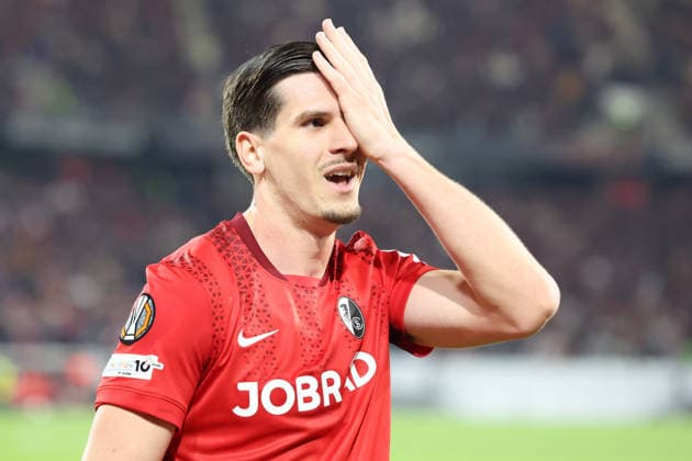 19.03.2026, xrekx, Fussball UEFA Europa League, SC Freiburg - KRC Genk v.l. Torjubel nach dem Tor zum celebrating the goal celebrate 2:0 durch Igor Matanovic (SC Freiburg) (DFL DFB REGULATIONS PROHIBIT ANY USE OF PHOTOGRAPHS as IMAGE SEQUENCES and or QUASI-VIDEO) Freiburg