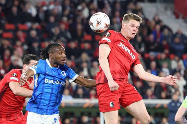 19.03.2026, xrekx, Fussball UEFA Europa League, SC Freiburg - KRC Genk v.l. Kopfball zum 1:0 durch Matthias Ginter (SC Freiburg) (DFL DFB REGULATIONS PROHIBIT ANY USE OF PHOTOGRAPHS as IMAGE SEQUENCES and or QUASI-VIDEO) Freiburg
