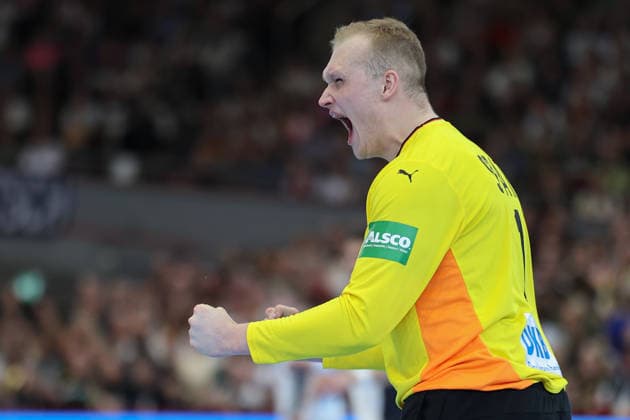 Deutschland - Ägypten, Handball-Testspiel Torwart David Späth Deutschland, 1) jubelt. Handball-Länderspiel der Männer zwischen Deutschland und Ägypten in der Westfalenhalle in Dortmund am 19. März 2026, Dortmund Nordrhein-Westfalen Deutschland Westfalenhalle