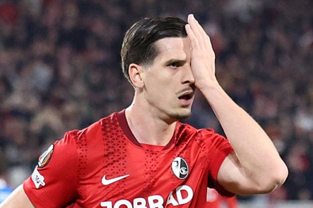 19.03.2026, xrekx, Fussball UEFA Europa League, SC Freiburg - KRC Genk v.l. Torjubel nach dem Tor zum celebrating the goal celebrate 2:0 durch Igor Matanovic (SC Freiburg) (DFL DFB REGULATIONS PROHIBIT ANY USE OF PHOTOGRAPHS as IMAGE SEQUENCES and or QUASI-VIDEO) Freiburg