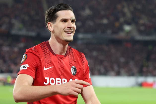 19.03.2026, xrekx, Fussball UEFA Europa League, SC Freiburg - KRC Genk v.l. Torjubel nach dem Tor zum celebrating the goal celebrate 2:0 durch Igor Matanovic (SC Freiburg) (DFL DFB REGULATIONS PROHIBIT ANY USE OF PHOTOGRAPHS as IMAGE SEQUENCES and or QUASI-VIDEO) Freiburg
