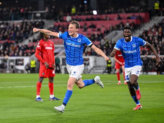 Matte Smets (KRC Genk) celebrates after scoring his team s first goal during the UEFA Europa League 2025 26 Round of 16 Second Leg match between SC Freiburg and KRC Genk at Stadion am Wolfswinkel on March 19, 2026 in Freiburg im Breisgau, Germany. (Photo by Harry Langer DeFodi Images) -