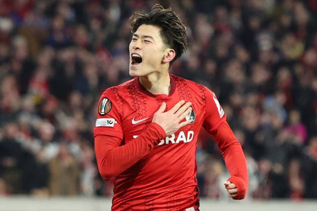 19.03.2026, xrekx, Fussball UEFA Europa League, SC Freiburg - KRC Genk v.l. Torjubel nach dem Tor zum celebrating the goal celebrate 4:1 durch Yuito Suzuki (SC Freiburg) (DFL DFB REGULATIONS PROHIBIT ANY USE OF PHOTOGRAPHS as IMAGE SEQUENCES and or QUASI-VIDEO) Freiburg