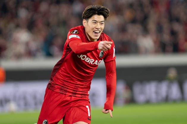Torjubel von Yuito Suzuki 14 (SC Freiburg) nach dem Tor zum 4:1, SC Freiburg vs. KRC Genk, Fussball, Europa League 2025 2026, Achtelfinale, 19.03.2026 Freiburg Baden-Wuerttemberg Deutschland