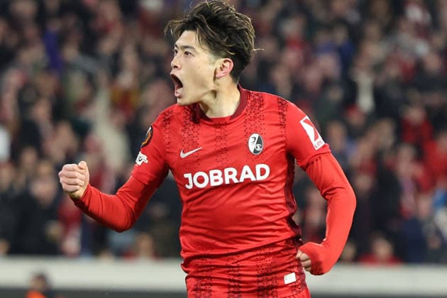 19.03.2026, xrekx, Fussball UEFA Europa League, SC Freiburg - KRC Genk v.l. Torjubel nach dem Tor zum celebrating the goal celebrate 4:1 durch Yuito Suzuki (SC Freiburg) (DFL DFB REGULATIONS PROHIBIT ANY USE OF PHOTOGRAPHS as IMAGE SEQUENCES and or QUASI-VIDEO) Freiburg