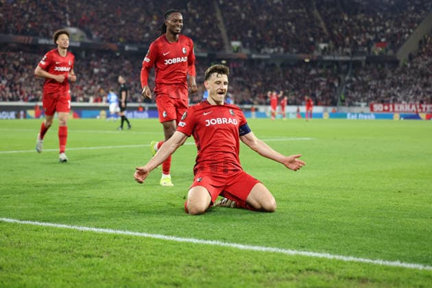 19.03.2026, xrekx, Fussball UEFA Europa League, SC Freiburg - KRC Genk v.l. Torjubel nach dem Tor zum celebrating the goal celebrate 5:1 durch Maximilian Eggestein (SC Freiburg) (DFL DFB REGULATIONS PROHIBIT ANY USE OF PHOTOGRAPHS as IMAGE SEQUENCES and or QUASI-VIDEO) Freiburg