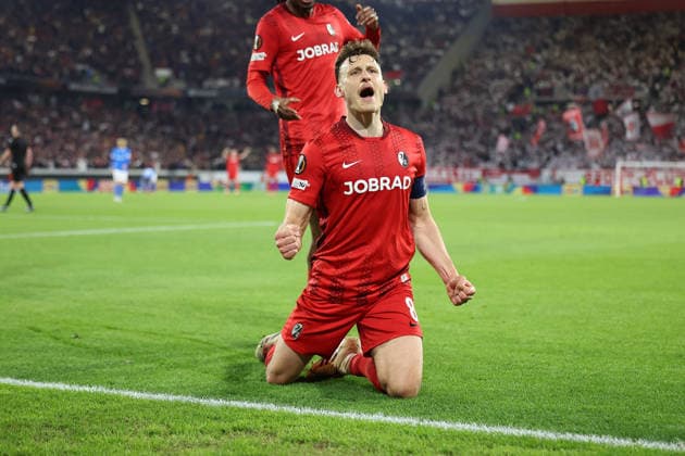 19.03.2026, xrekx, Fussball UEFA Europa League, SC Freiburg - KRC Genk v.l. Torjubel nach dem Tor zum celebrating the goal celebrate 5:1 durch Maximilian Eggestein (SC Freiburg) (DFL DFB REGULATIONS PROHIBIT ANY USE OF PHOTOGRAPHS as IMAGE SEQUENCES and or QUASI-VIDEO) Freiburg