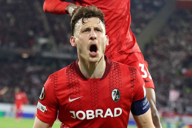 19.03.2026, xrekx, Fussball UEFA Europa League, SC Freiburg - KRC Genk v.l. Torjubel nach dem Tor zum celebrating the goal celebrate 5:1 durch Maximilian Eggestein (SC Freiburg) (DFL DFB REGULATIONS PROHIBIT ANY USE OF PHOTOGRAPHS as IMAGE SEQUENCES and or QUASI-VIDEO) Freiburg