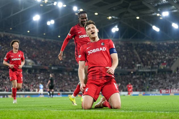 Maximilian Eggestein (SC Freiburg, 08) Torjubel, Emotionen, Torschuss, Abschluss, Torerfolg, Tor, Treffer , Deutschland, Fussball, UEFA Europa League, Achtelfinale, Rückspiel, 2025 2026, SC Freiburg vs. KRC Genk, 19.03.2026, Europa-Park Stadion, Freiburg, Deutschland Freiburg Europa-Park Stadion Baden-Württemberg Deutschland Copyright: xArnexAmbergx