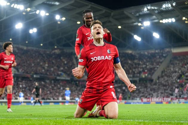 Maximilian Eggestein (SC Freiburg, 08), Torjubel, Emotionen, Torschuss, Abschluss, Torerfolg, Tor, Treffer , Deutschland, Fussball, UEFA Europa League, Achtelfinale, Rückspiel, 2025 2026, SC Freiburg vs. KRC Genk, 19.03.2026, Europa-Park Stadion, Freiburg, Deutschland Freiburg Europa-Park Stadion Baden-Württemberg Deutschland Copyright: xArnexAmbergx
