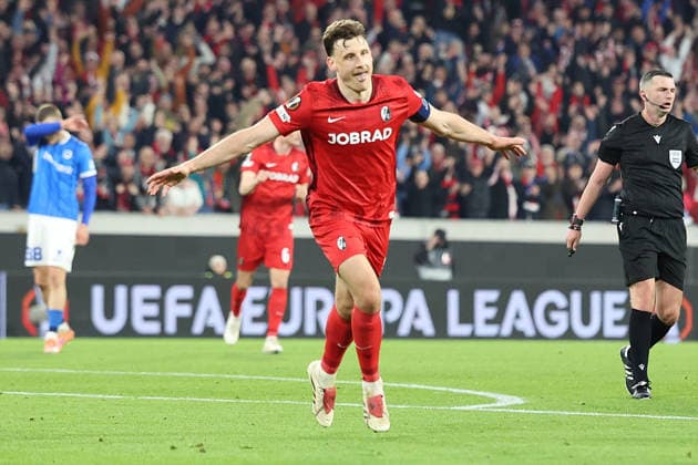 19.03.2026, xrekx, Fussball UEFA Europa League, SC Freiburg - KRC Genk v.l. Torjubel nach dem Tor zum celebrating the goal celebrate 5:1 durch Maximilian Eggestein (SC Freiburg) (DFL DFB REGULATIONS PROHIBIT ANY USE OF PHOTOGRAPHS as IMAGE SEQUENCES and or QUASI-VIDEO) Freiburg